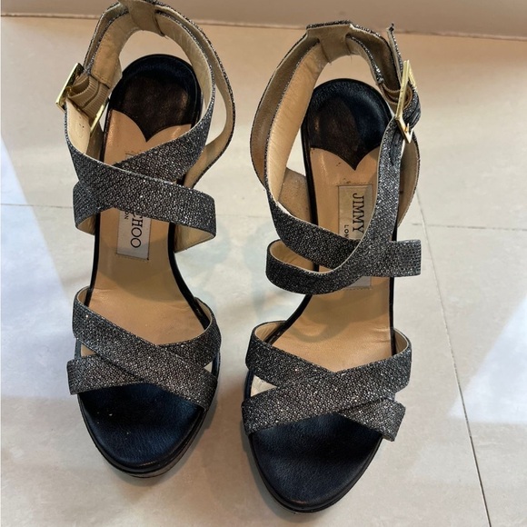 Jimmy Choo Shoes - Jimmy Choo Silver-Black Glitter Crisscross Ankle Strap Heels